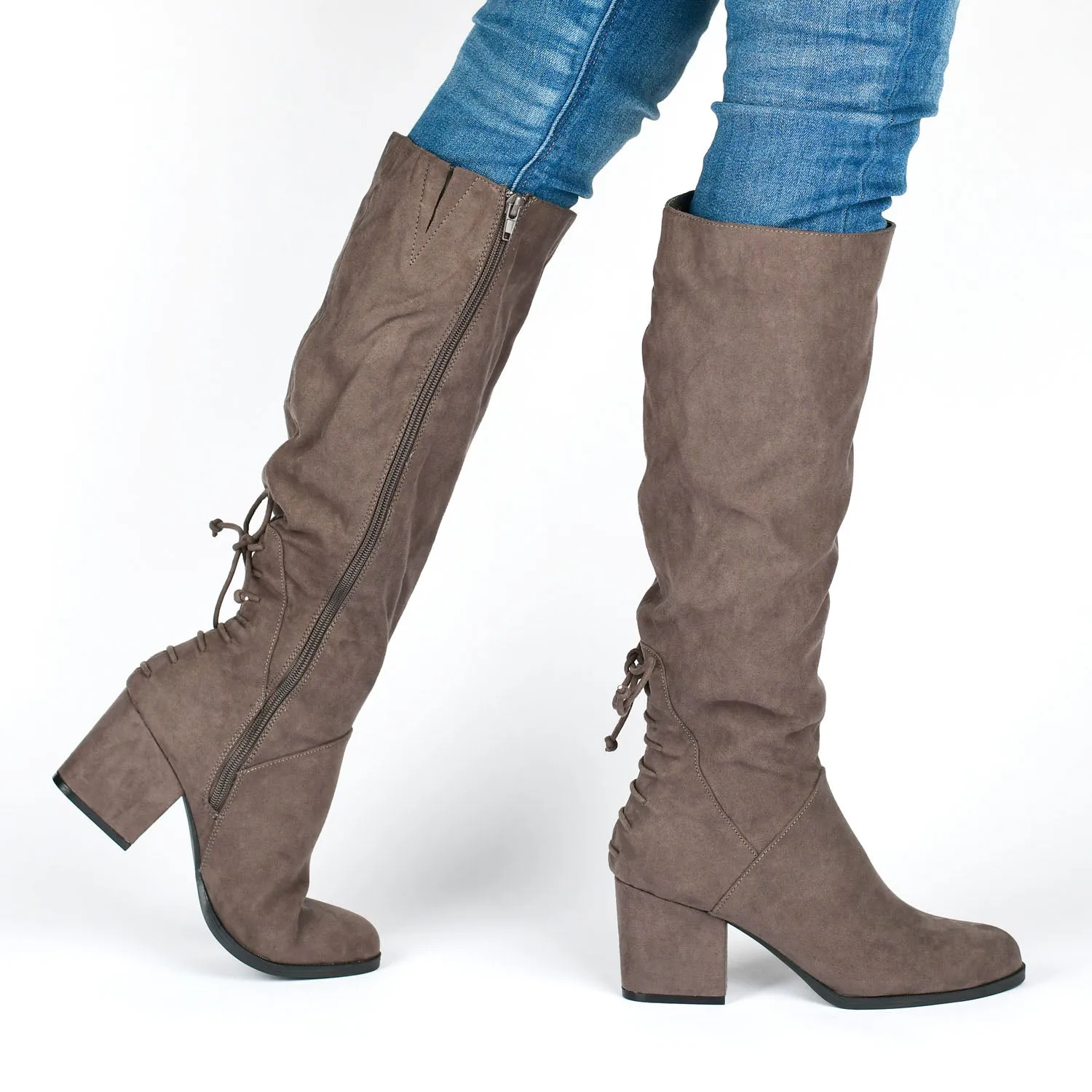 LEEDA KNEE-HIGH BOOTS IN FAUX SUEDE shine finish