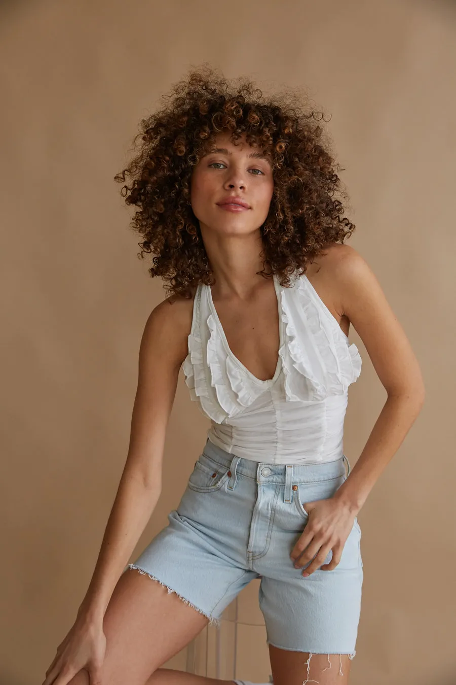 Leona Mesh Ruffle Halter Top skin ease