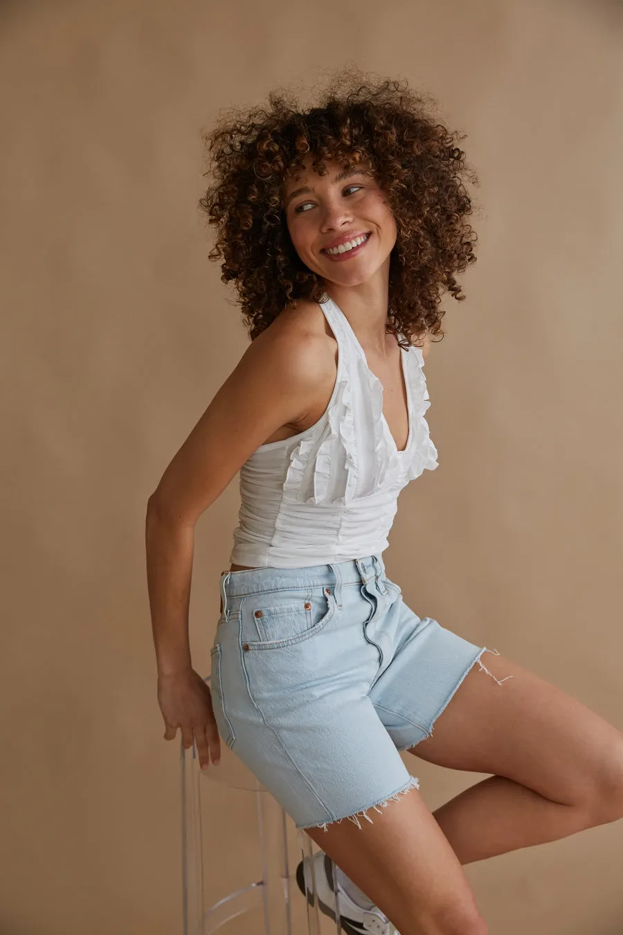 Leona Mesh Ruffle Halter Top skin ease