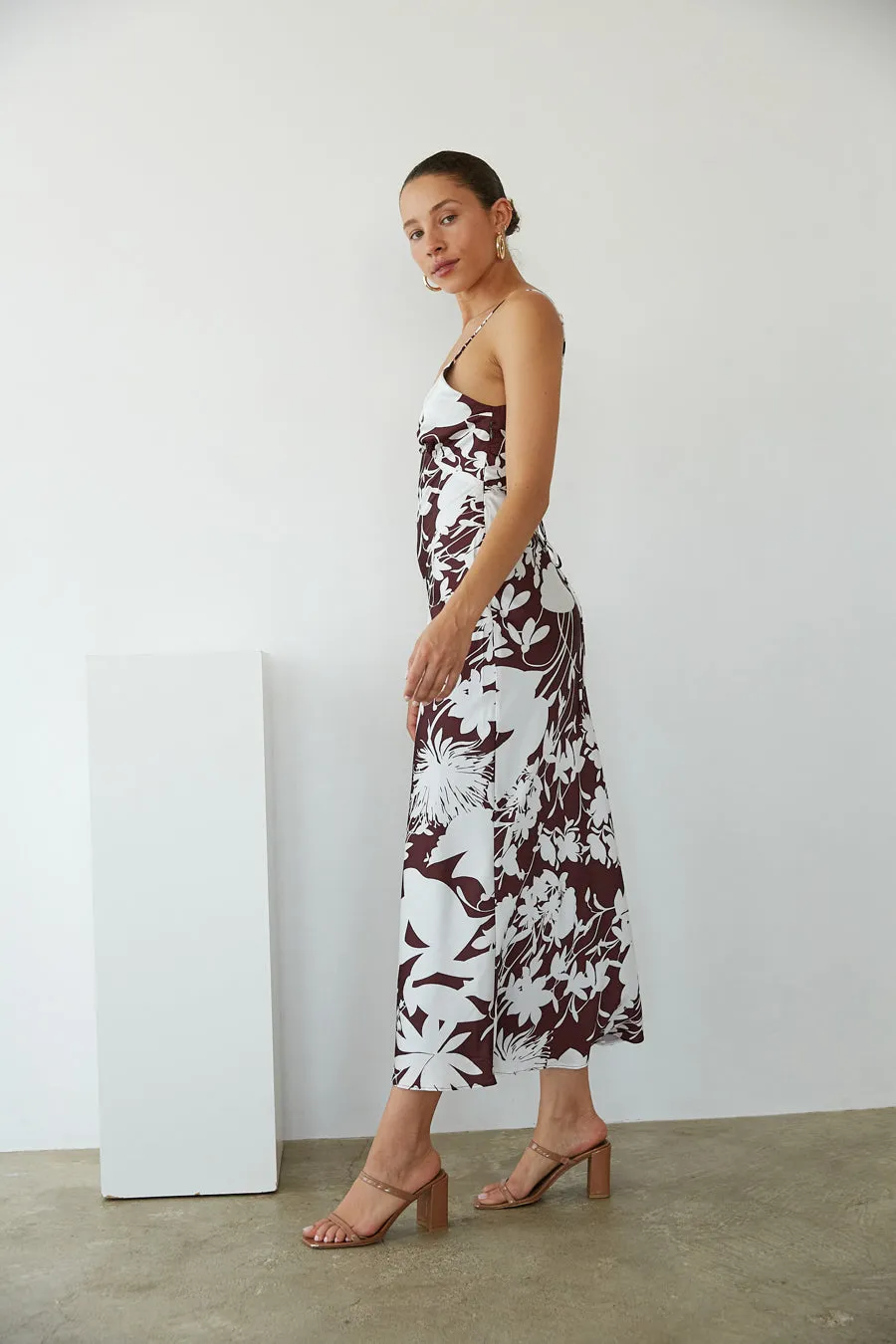 Leyla Floral Satin Maxi Dress flare cut