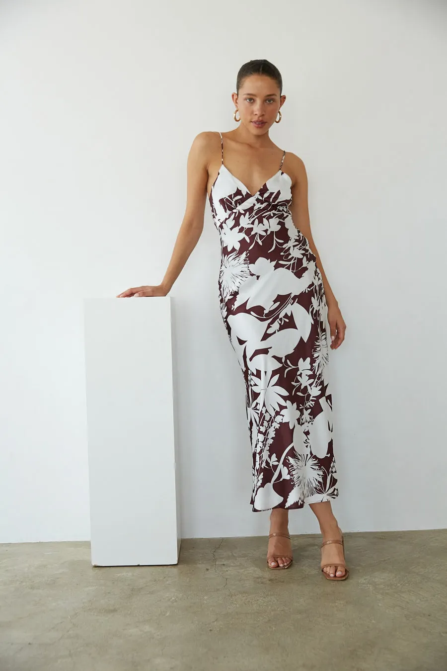 Leyla Floral Satin Maxi Dress flare cut