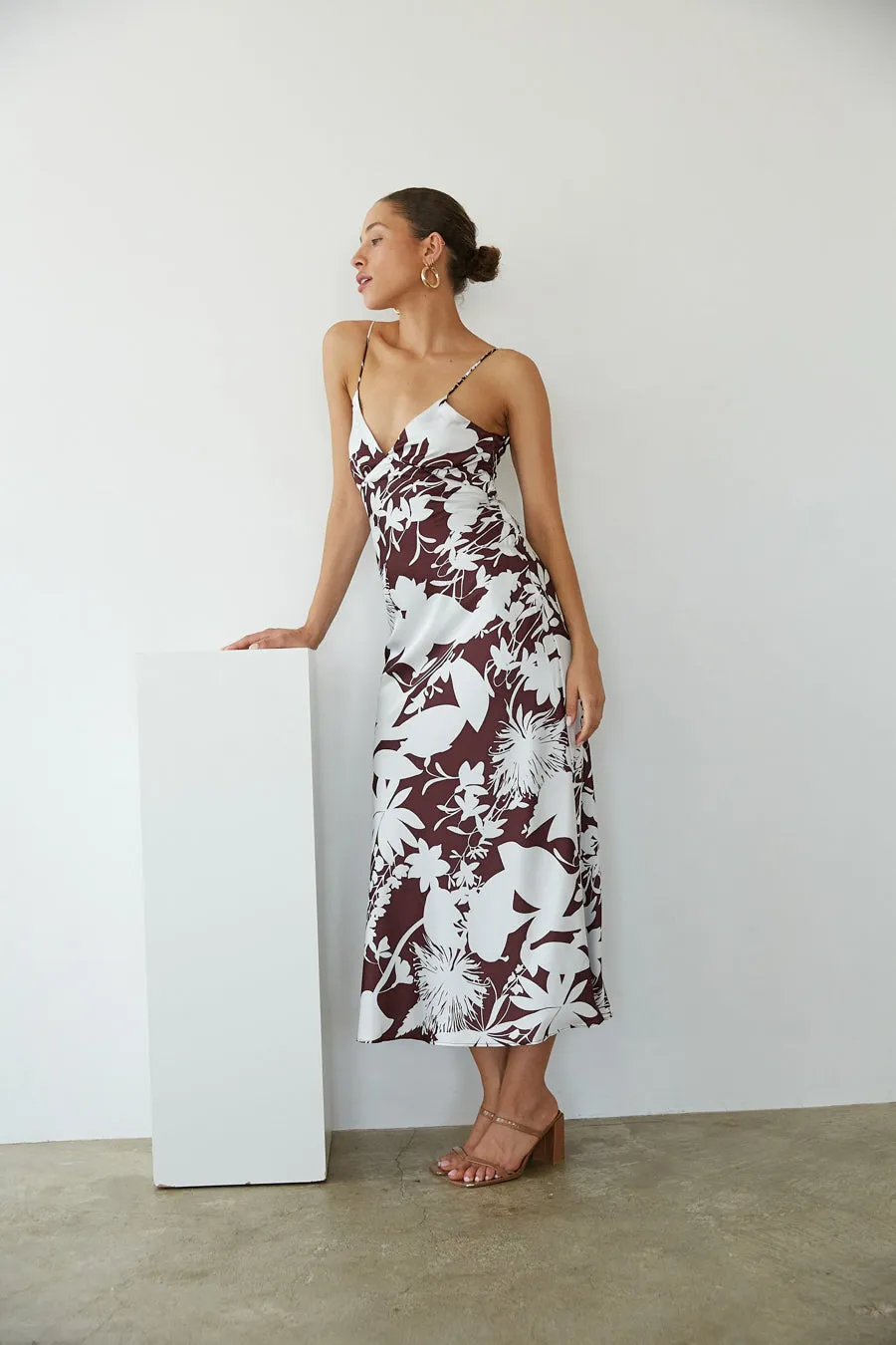 Leyla Floral Satin Maxi Dress flare cut