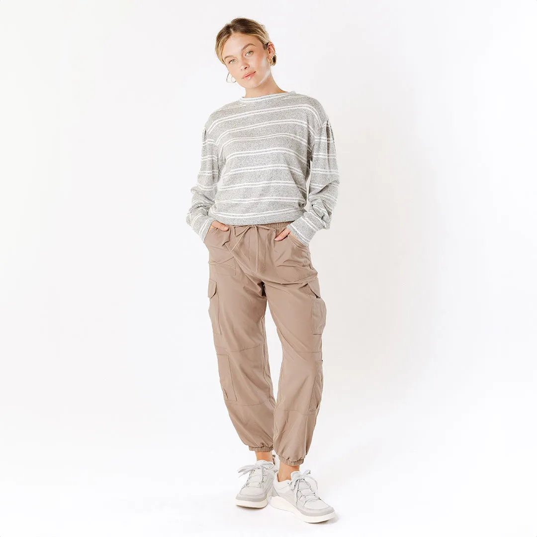 Long Sleeve Sweater, Grey and White Stripe tie neck
