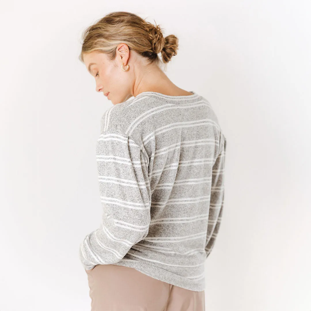 Long Sleeve Sweater, Grey and White Stripe tie neck