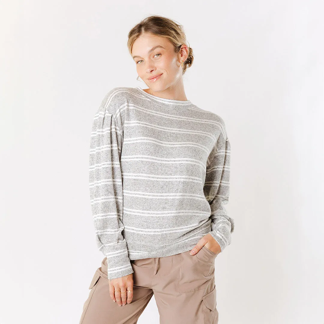 Long Sleeve Sweater, Grey and White Stripe tie neck