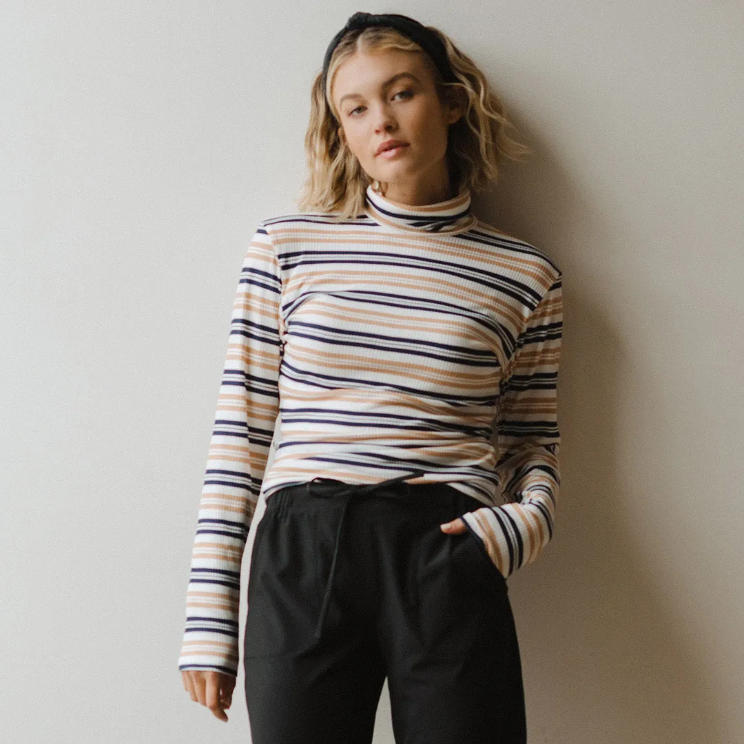 Long Sleeve Turtleneck, Navy and Tan Stripe warm mesh