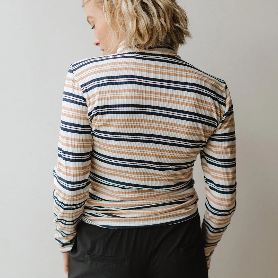 Long Sleeve Turtleneck, Navy and Tan Stripe warm mesh