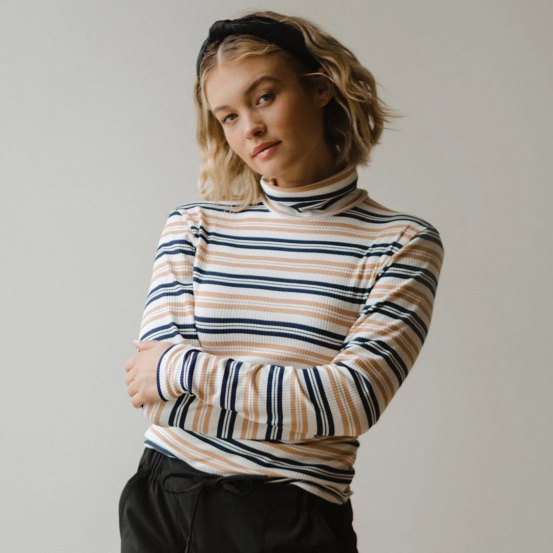Long Sleeve Turtleneck, Navy and Tan Stripe warm mesh