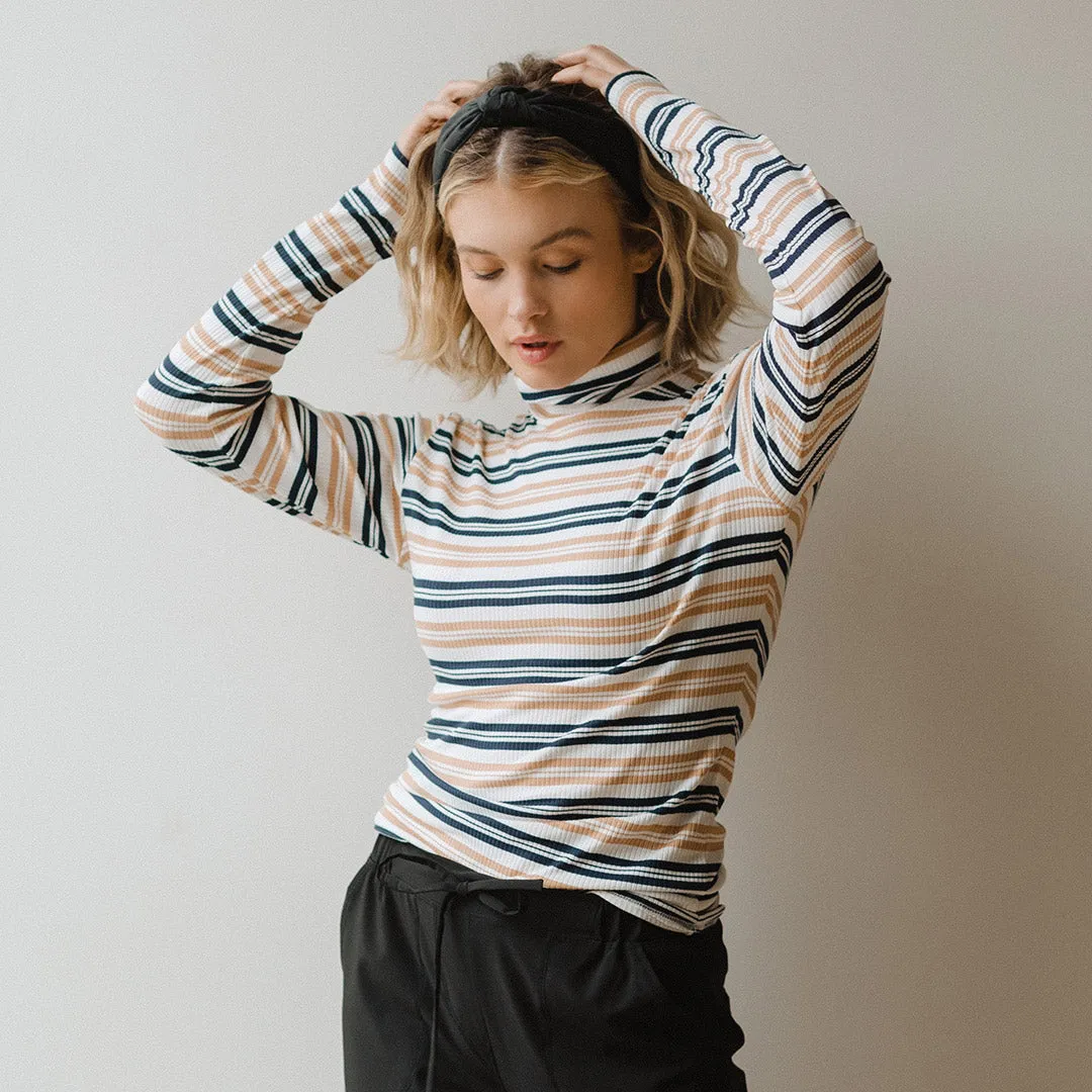 Long Sleeve Turtleneck, Navy and Tan Stripe warm mesh