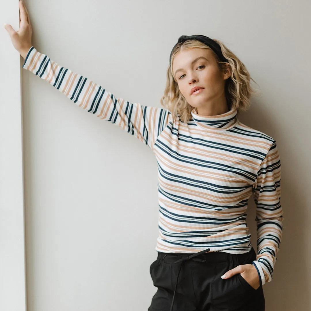 Long Sleeve Turtleneck, Navy and Tan Stripe warm mesh