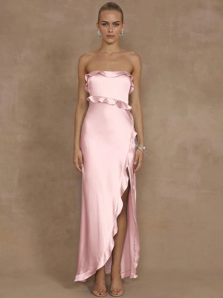Lorena Ruffle Satin Maxi Dress open back