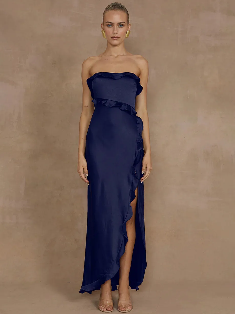 Lorena Ruffle Satin Maxi Dress open back