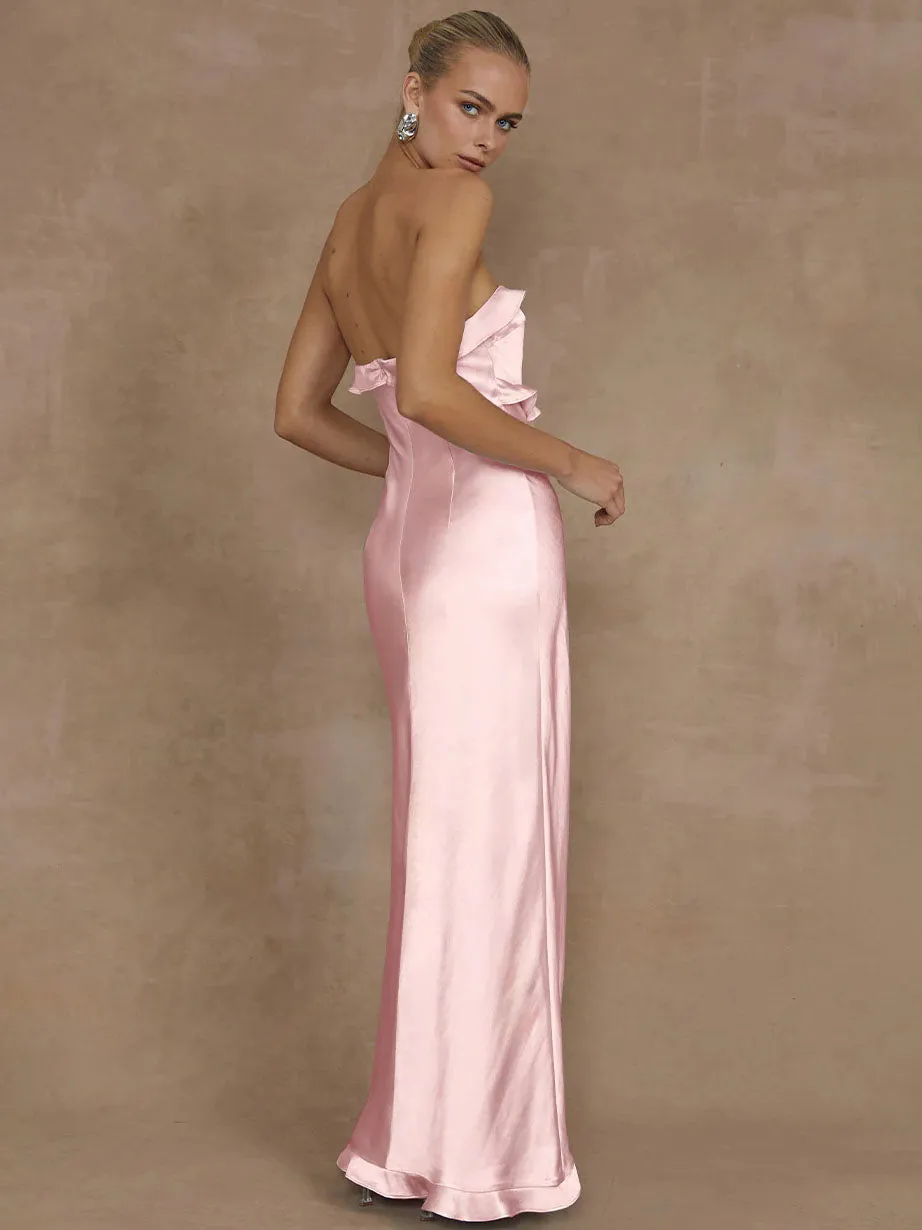 Lorena Ruffle Satin Maxi Dress open back