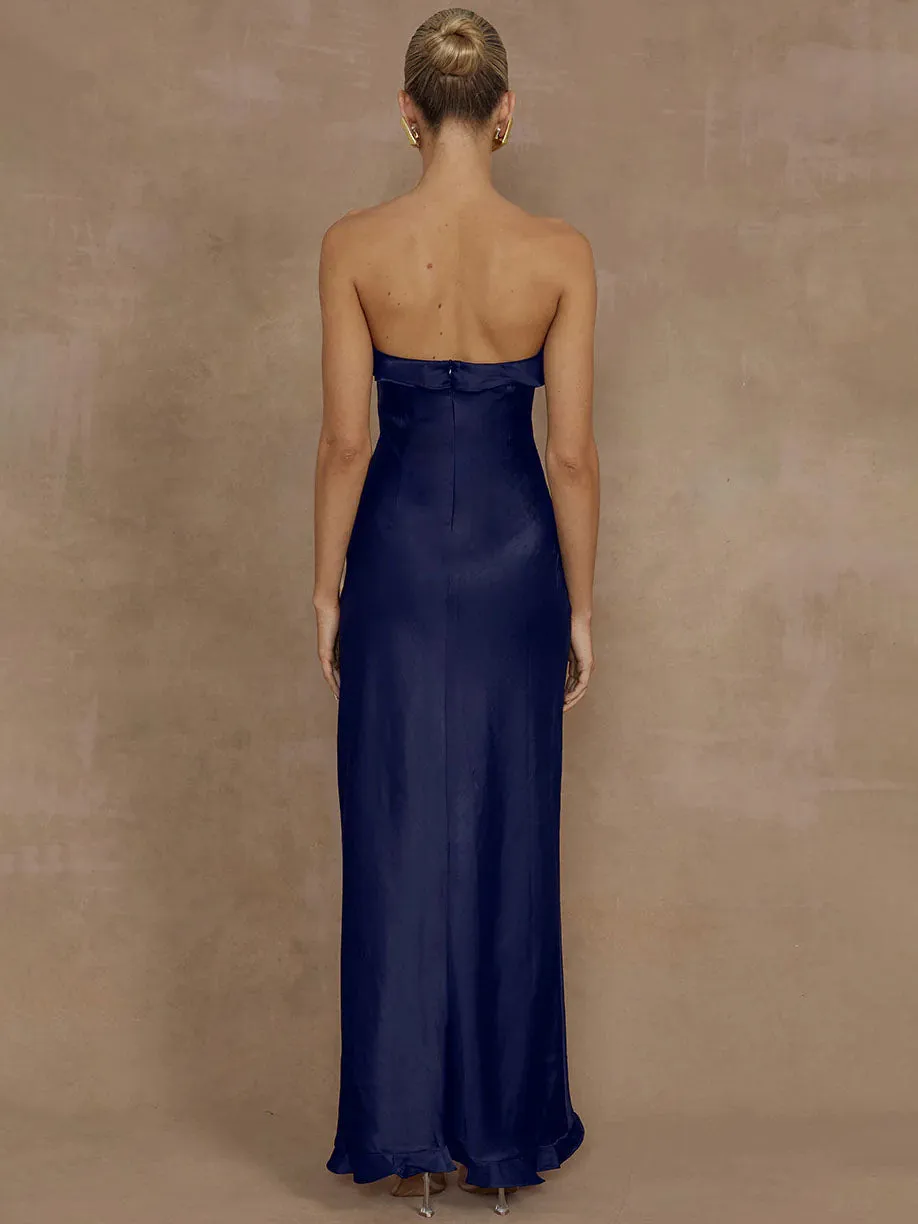 Lorena Ruffle Satin Maxi Dress open back