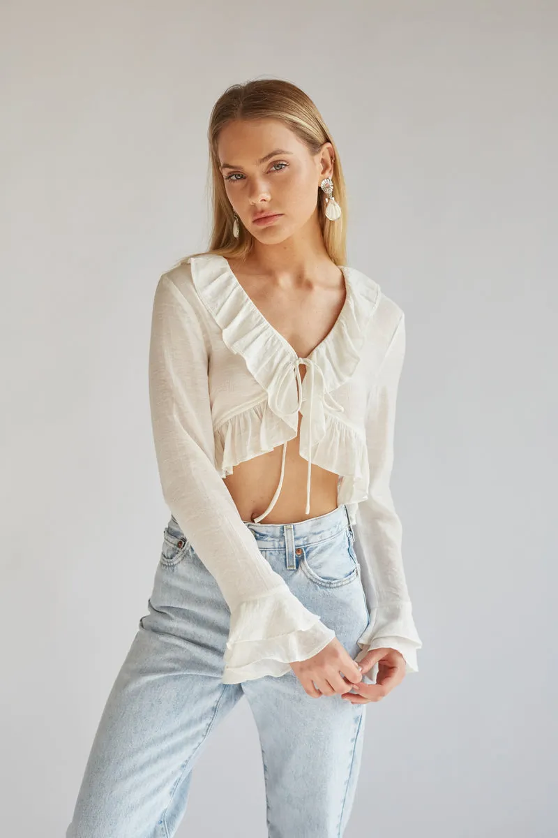 Lorraine Ruffled Long Sleeve Tie-Front Top feel cute