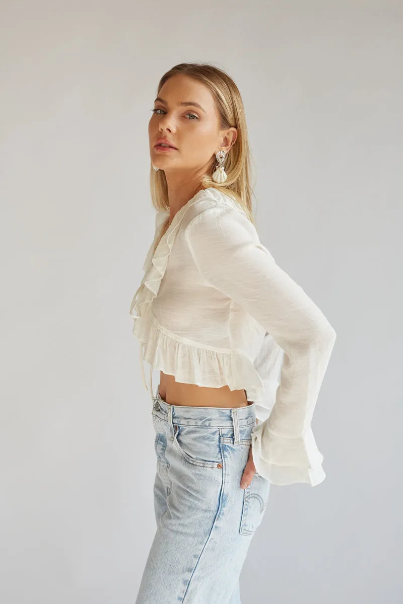 Lorraine Ruffled Long Sleeve Tie-Front Top feel cute
