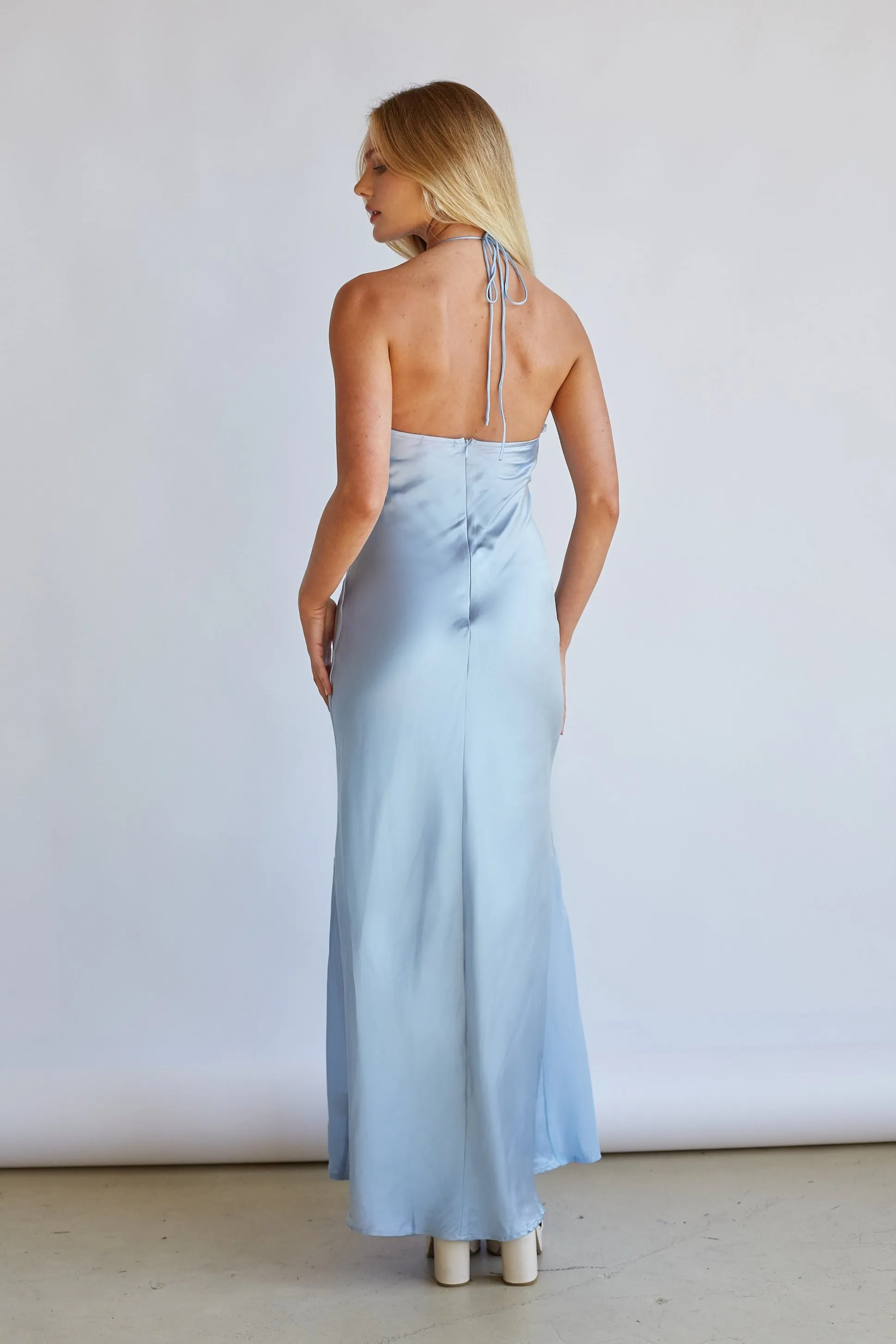 Lucinda Halter V-Neck Open Back Satin Midi Dress nyc street