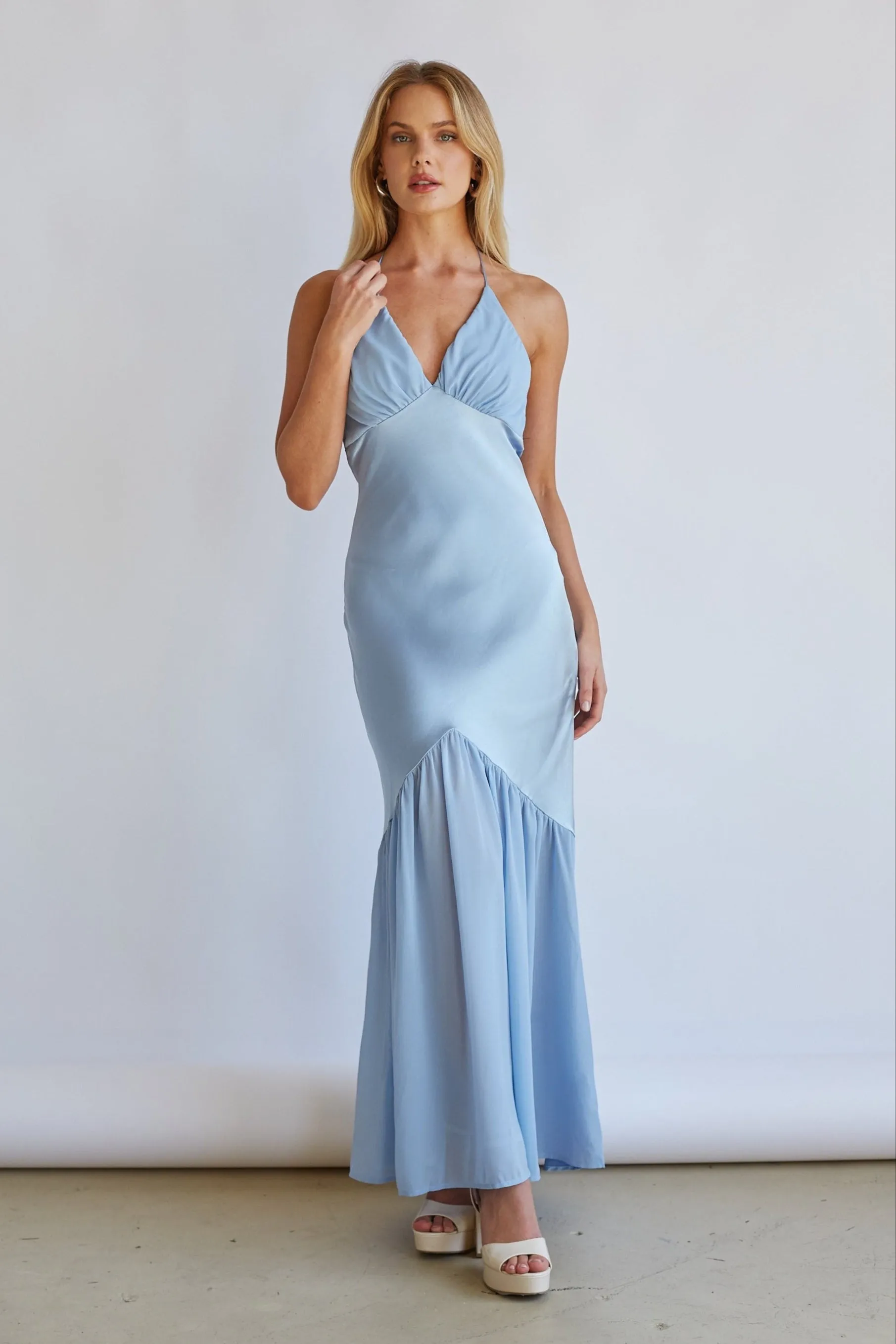 Lucinda Halter V-Neck Open Back Satin Midi Dress nyc street