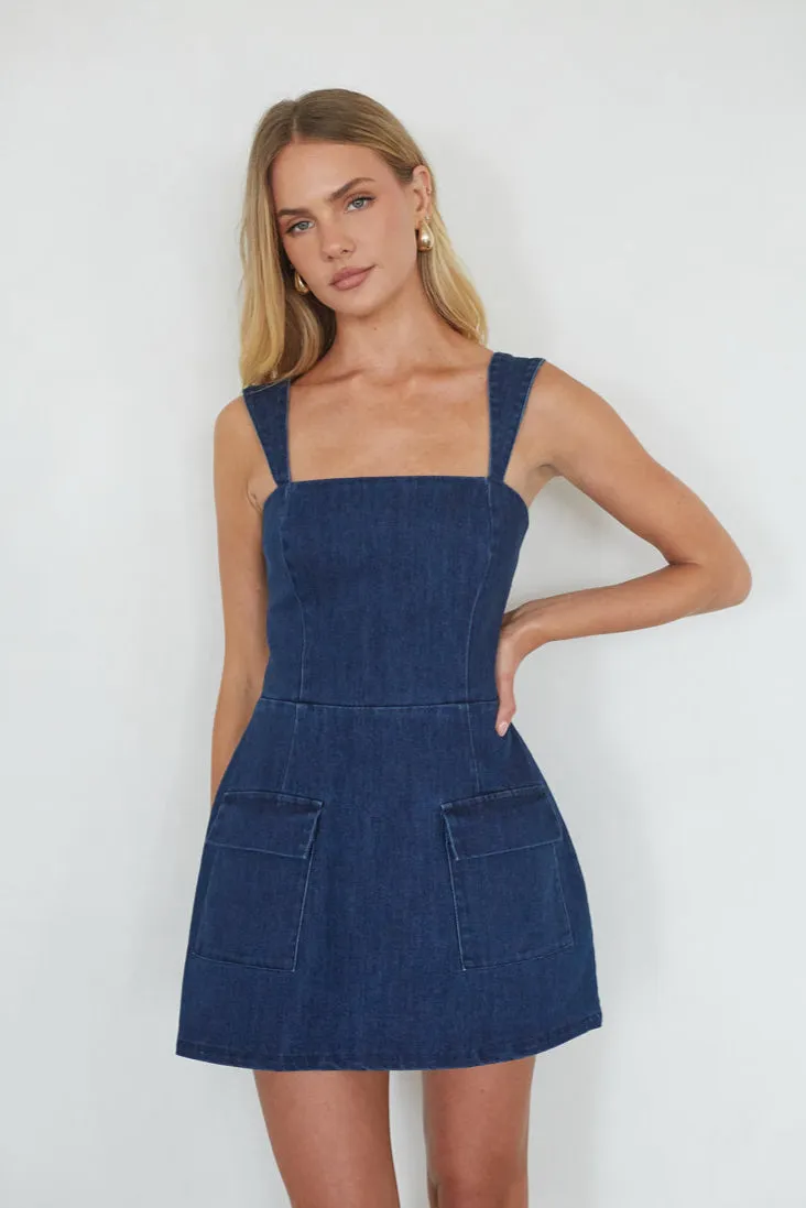 Mellie Denim Romper Mini Dress vibe glow