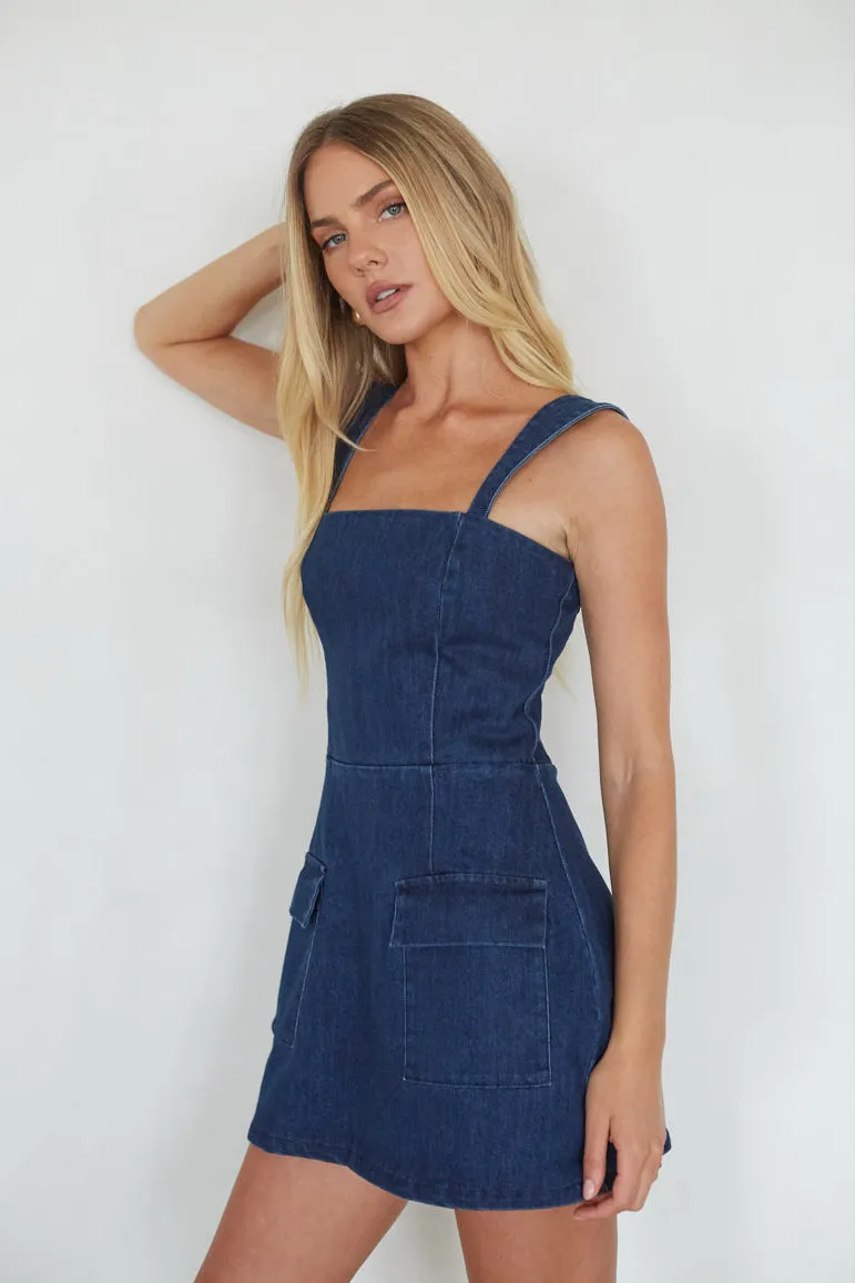 Mellie Denim Romper Mini Dress vibe glow