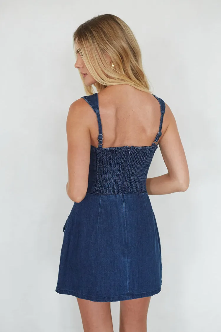 Mellie Denim Romper Mini Dress vibe glow