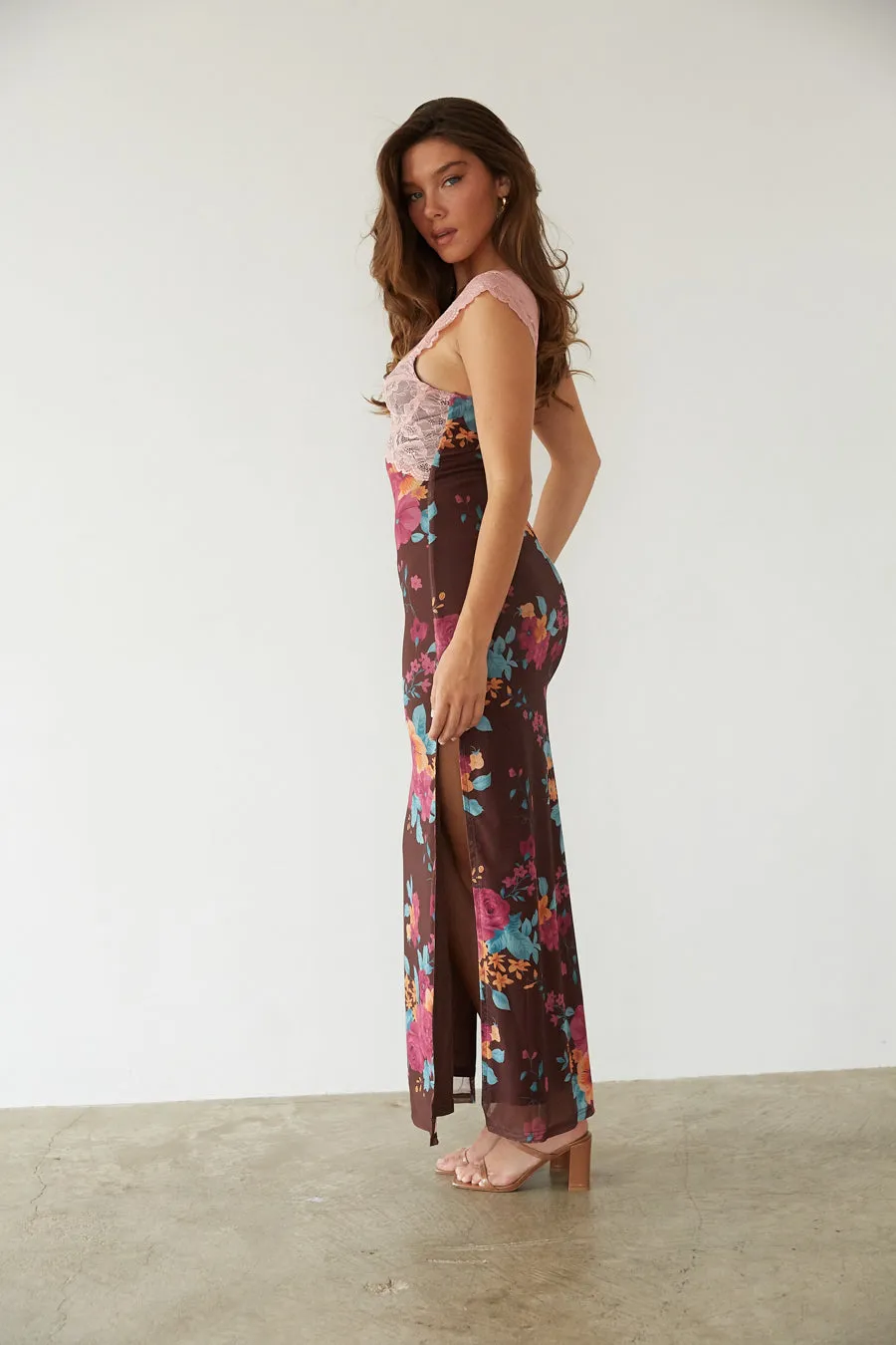Mimi Floral Mesh Maxi Dress adjust neck