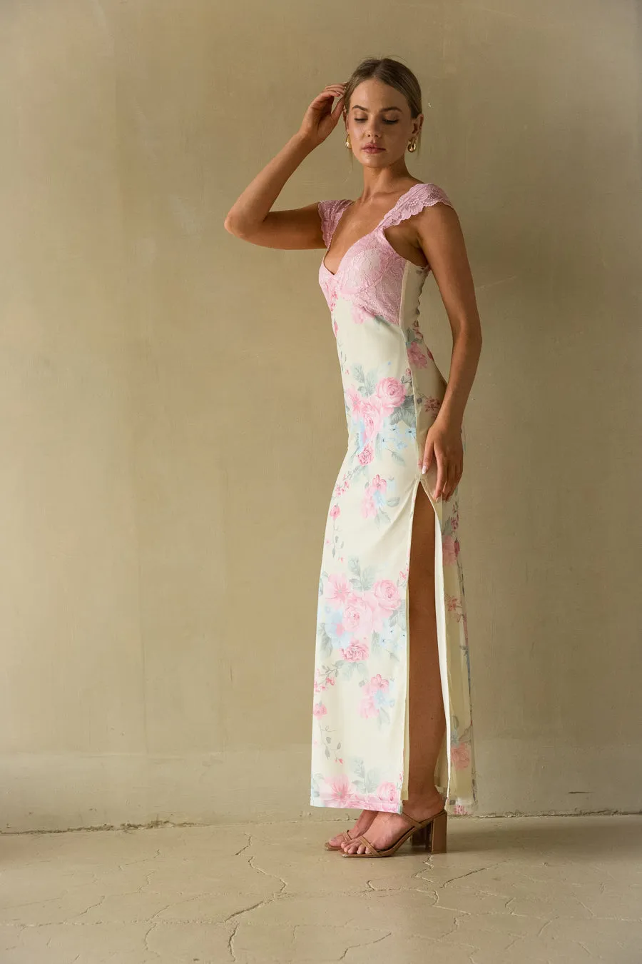 Mimi Floral Mesh Maxi Dress adjust neck