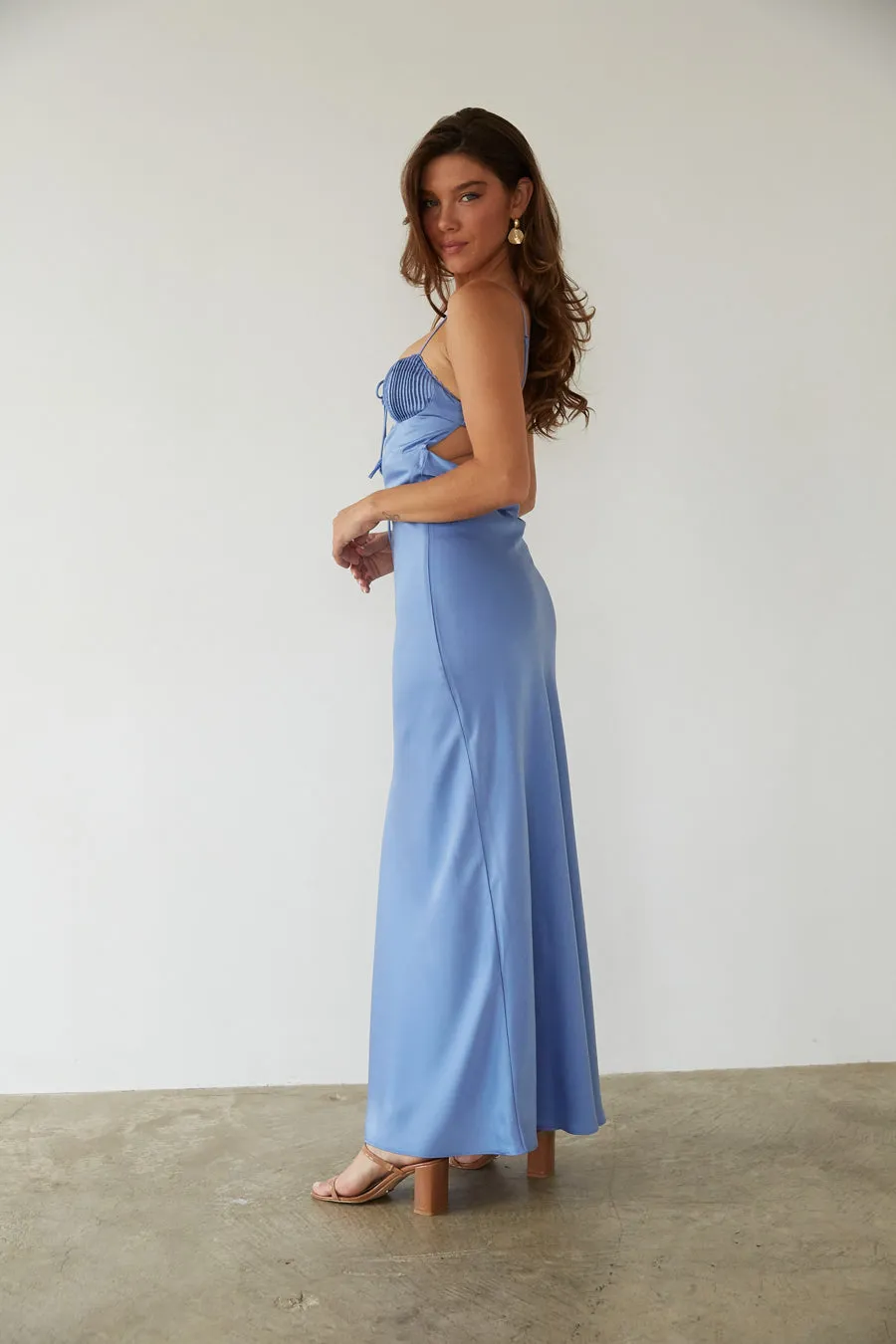 Misty Open Back Cutout Satin Maxi Dress pose chic