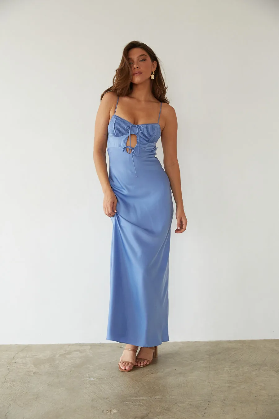 Misty Open Back Cutout Satin Maxi Dress pose chic