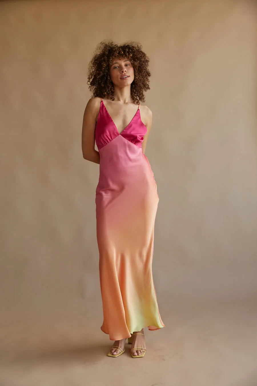 Moana Sunset Satin Maxi Dress soft fold