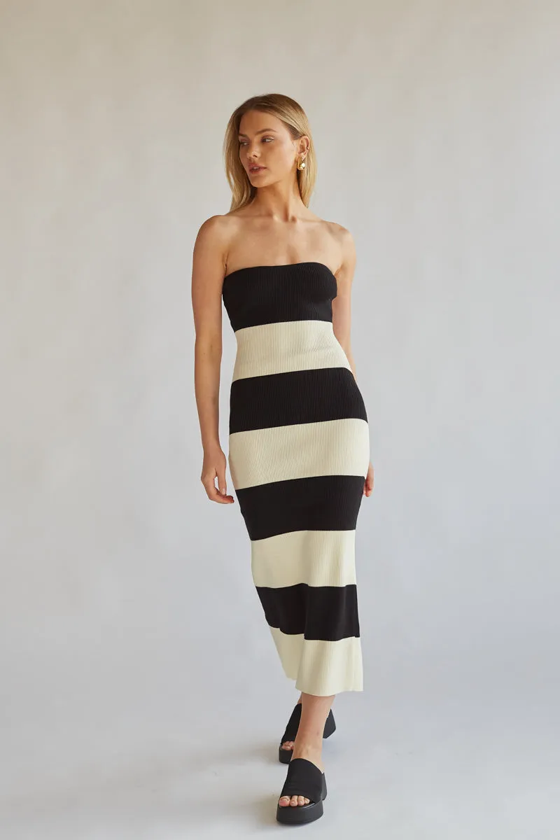 Nikki Striped Knit Midi Tube Dress open hem