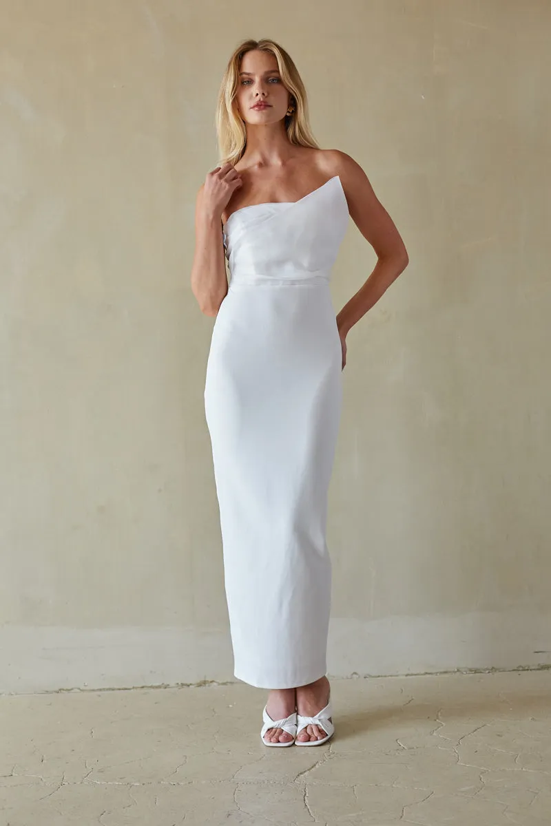 Odessa Asymmetrical Neck Strapless Maxi Dress bare arm