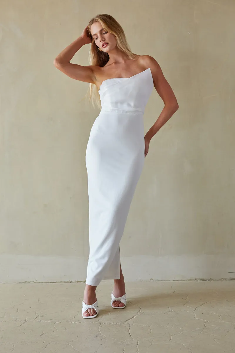 Odessa Asymmetrical Neck Strapless Maxi Dress bare arm