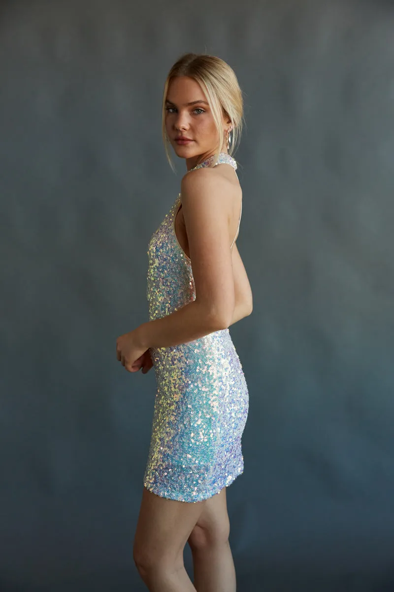 Ophelia Open Back Halter Neck Sequin Bodycon Mini Dress london wind
