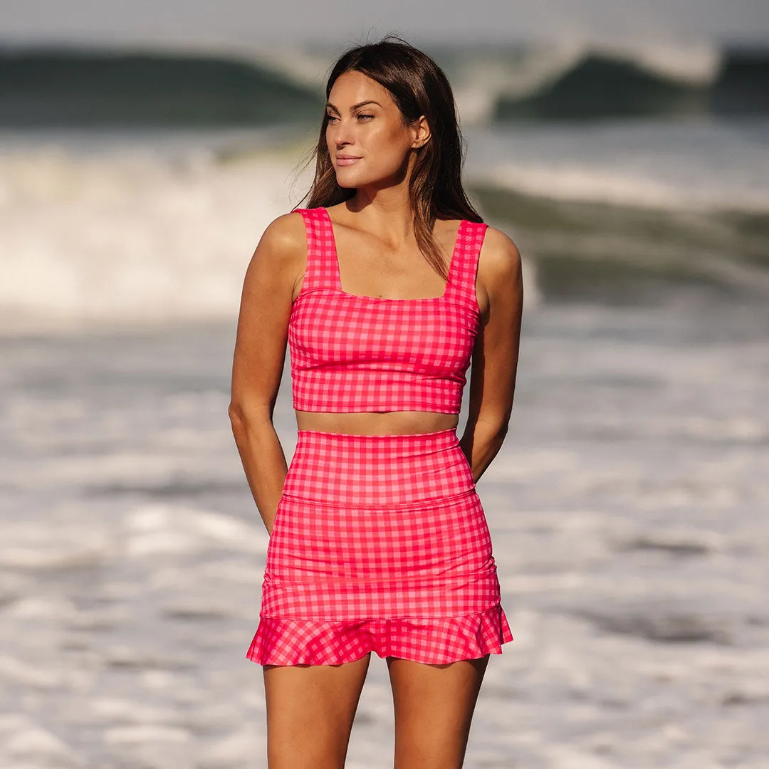 Pink Gingham High-Waisted Swim Skirt clean cut
