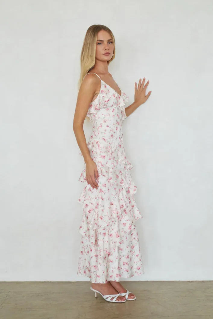 Poppy Floral Ruffle Maxi Dress mesh vibe