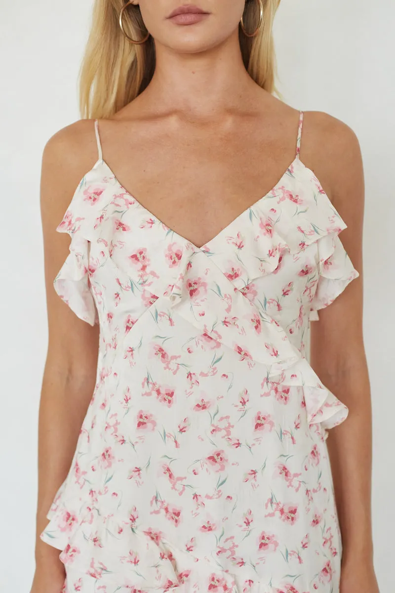 Poppy Floral Ruffle Maxi Dress mesh vibe