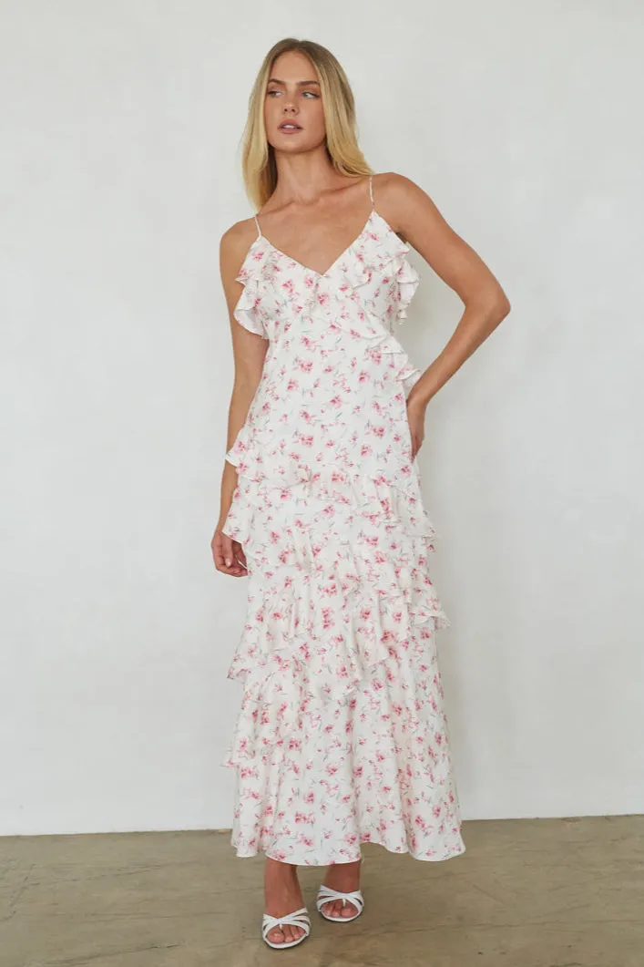 Poppy Floral Ruffle Maxi Dress mesh vibe