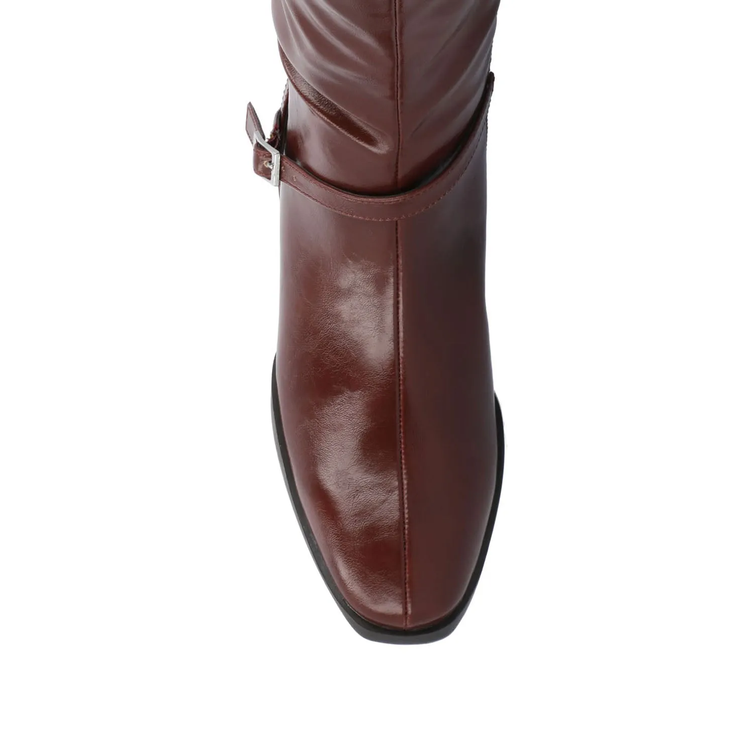 RHIANAH KNEE HIGH BOOTS IN FAUX LEATHER late coffee