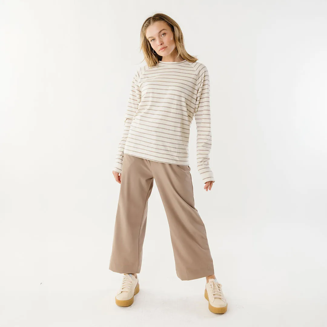 Riley Long Sleeve Stripe Tee, Ivory/Brown korean edge