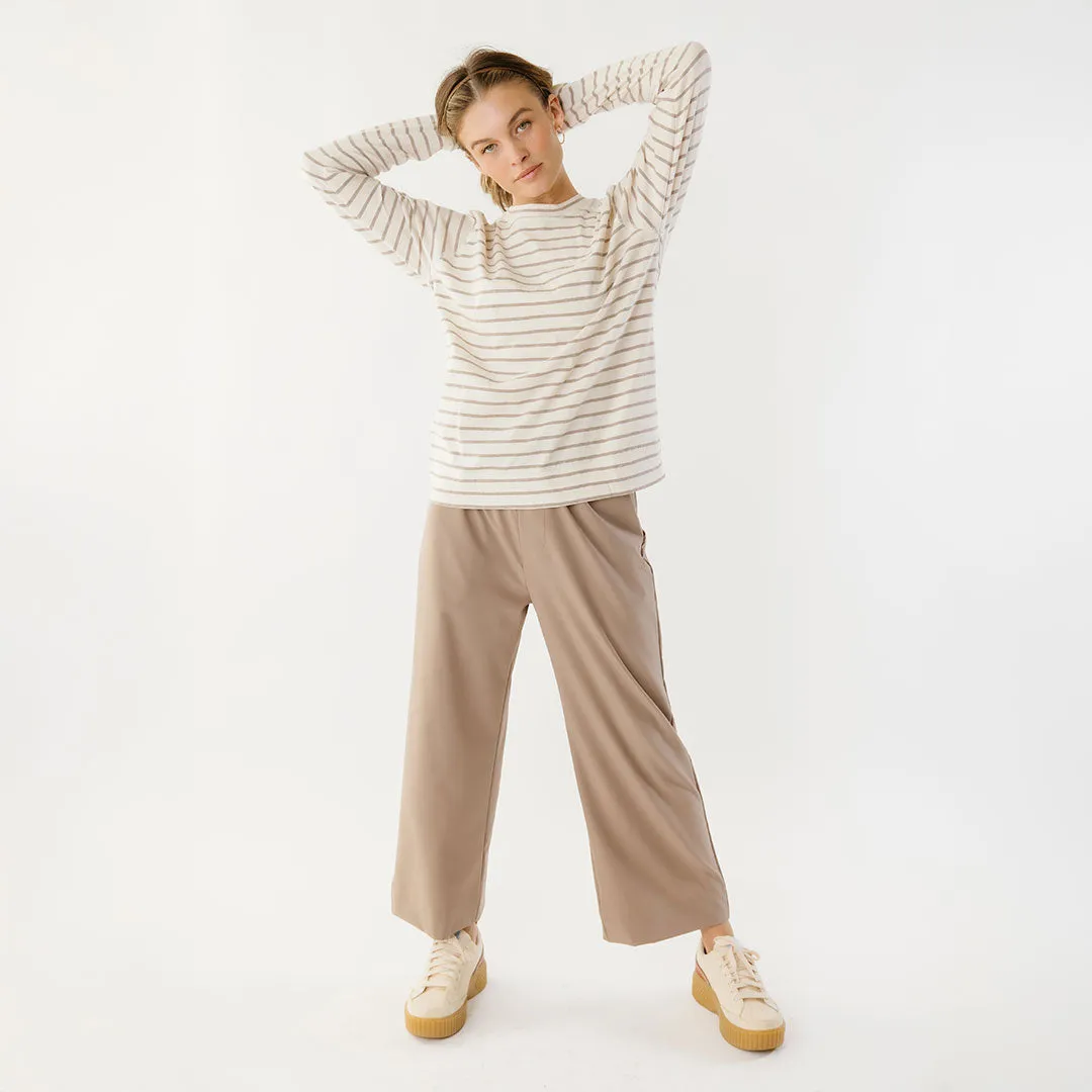 Riley Long Sleeve Stripe Tee, Ivory/Brown korean edge