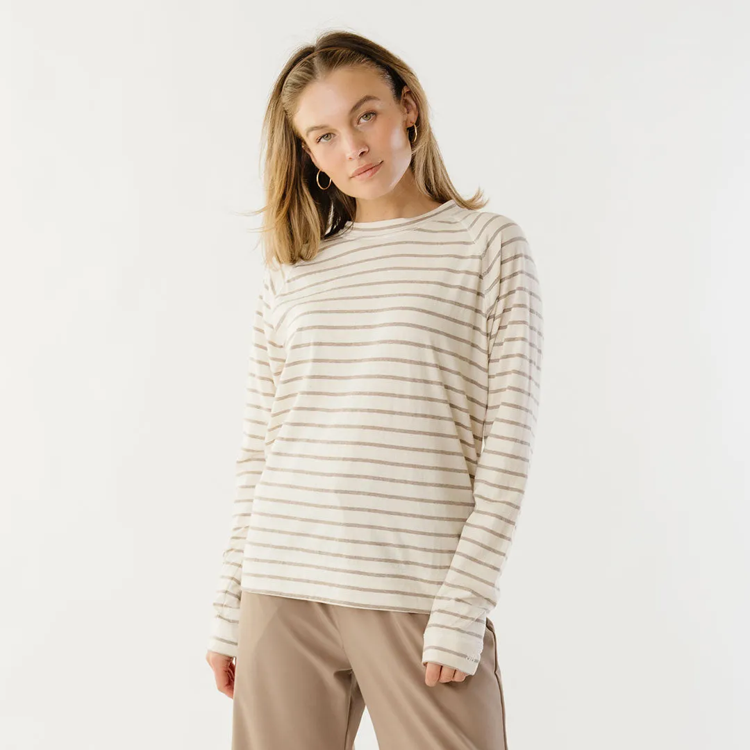 Riley Long Sleeve Stripe Tee, Ivory/Brown korean edge