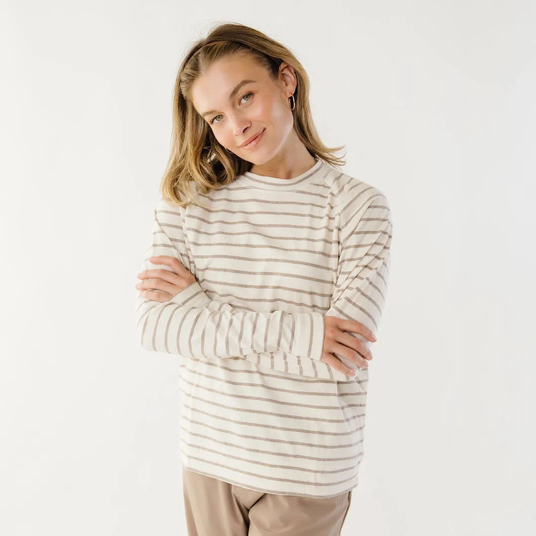 Riley Long Sleeve Stripe Tee, Ivory/Brown korean edge