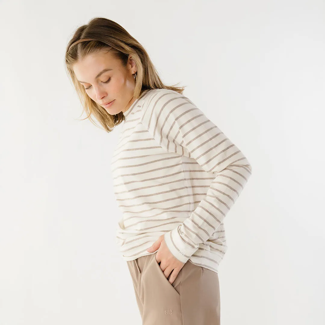 Riley Long Sleeve Stripe Tee, Ivory/Brown korean edge