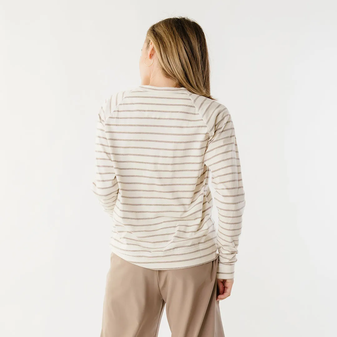 Riley Long Sleeve Stripe Tee, Ivory/Brown korean edge