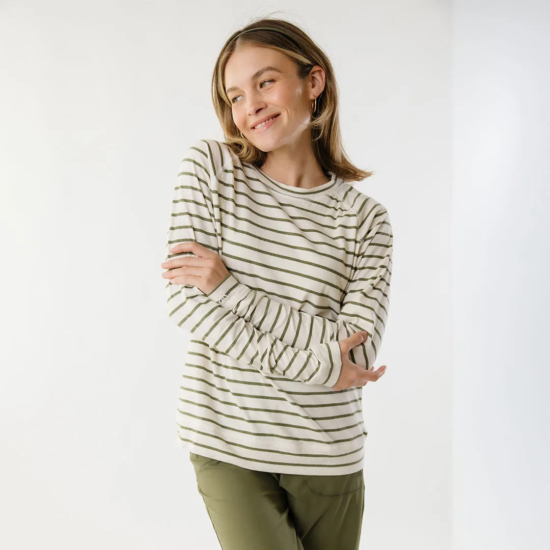 Riley Long Sleeve Stripe Tee, Ivory/Olive desk ready