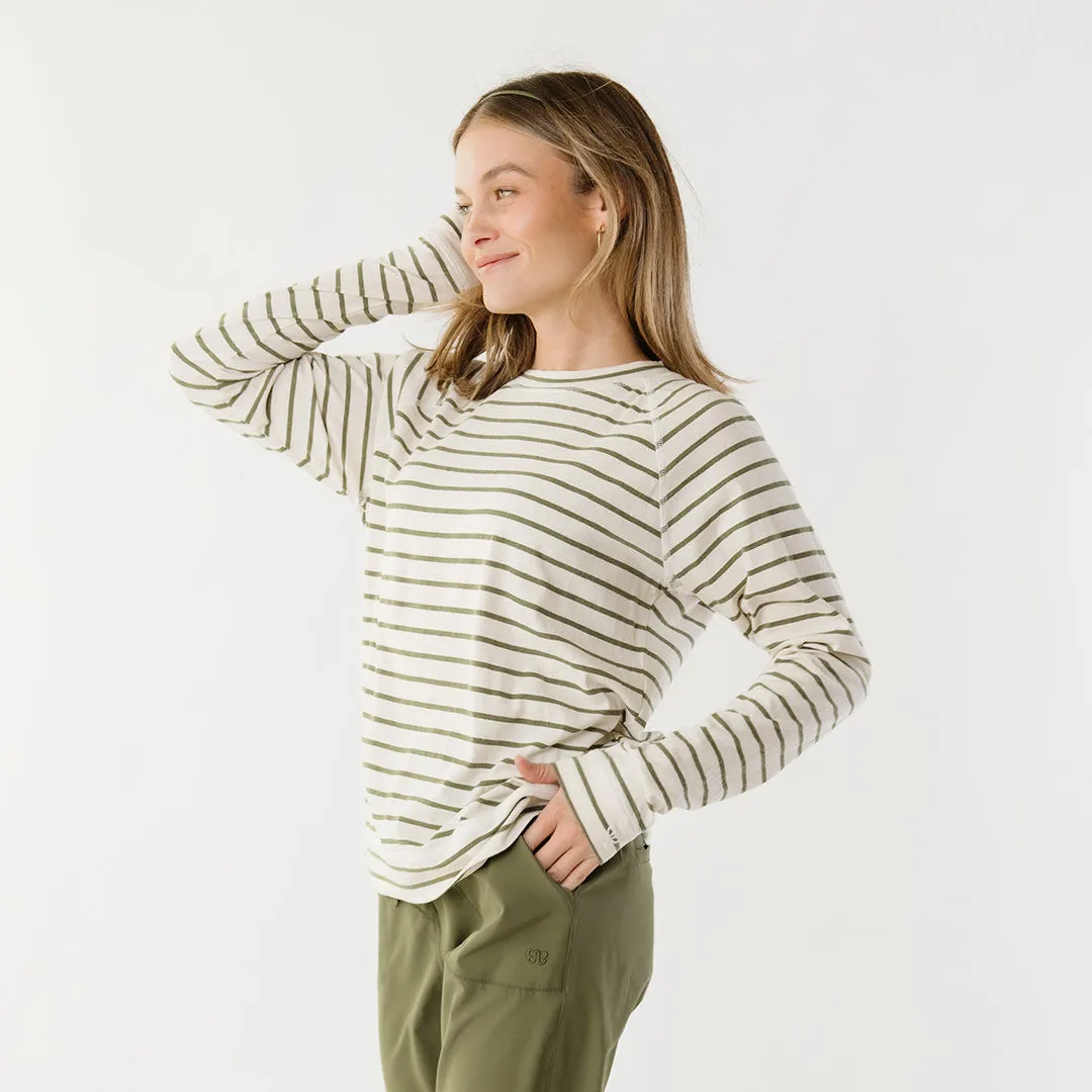 Riley Long Sleeve Stripe Tee, Ivory/Olive desk ready