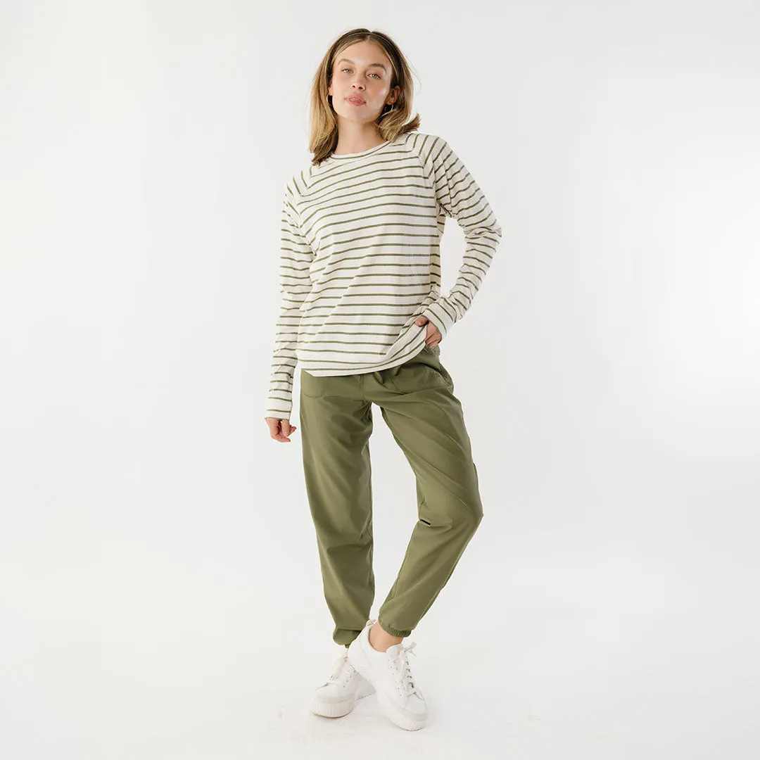 Riley Long Sleeve Stripe Tee, Ivory/Olive desk ready