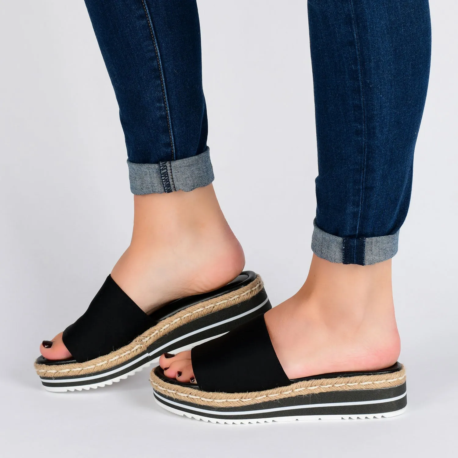 ROSEY ESPADRILLE WEDGE HEELED SLIDE SANDALS IN STATEMENT silent time