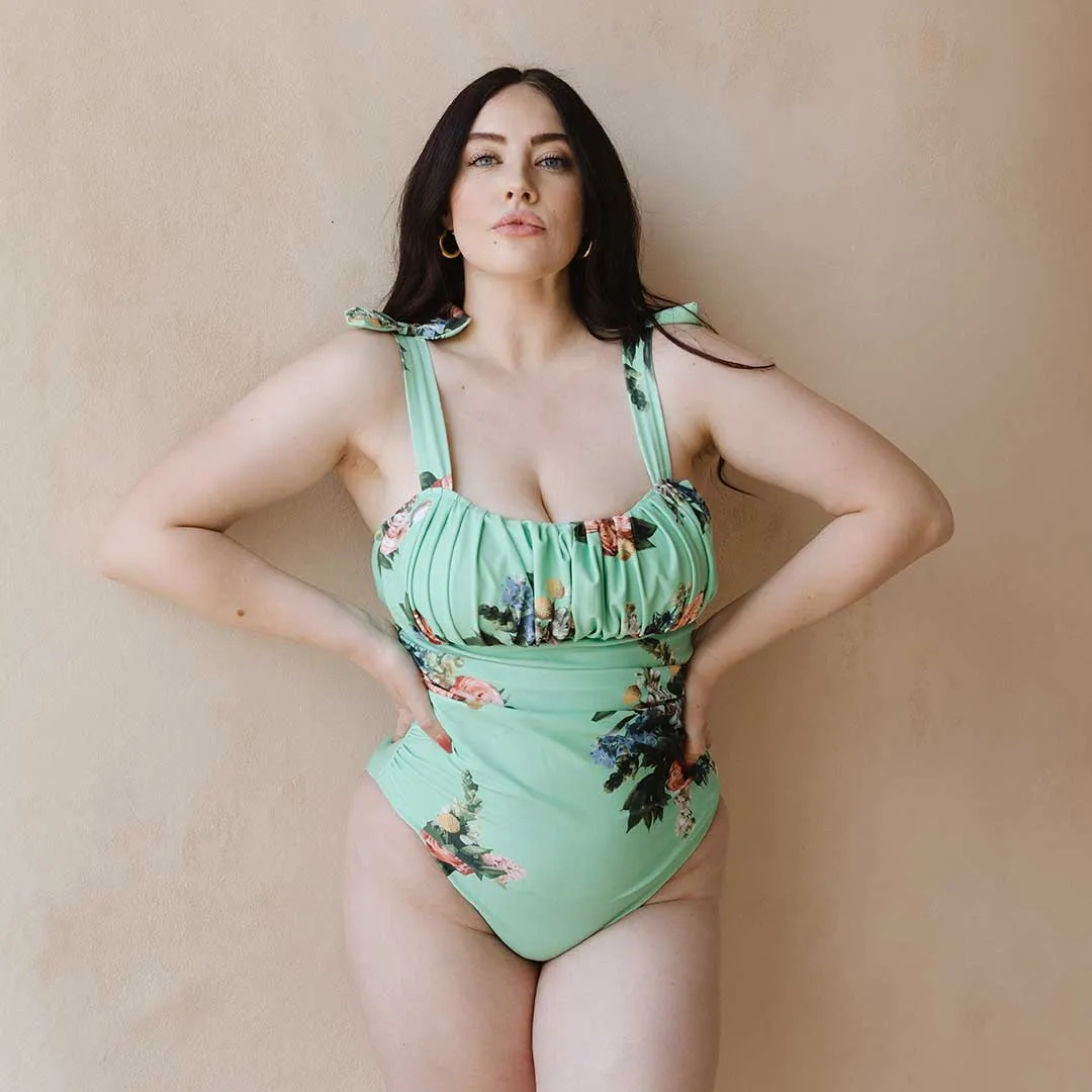 Ruched Bow One-Piece, Rose Mint mom fit